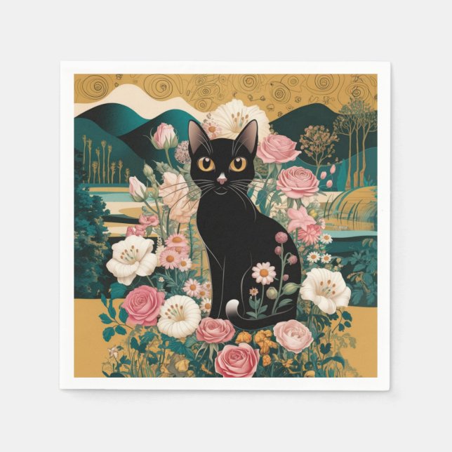 Gustav Klimt Stil Black Cat Art Pappersservett (Framsidan)