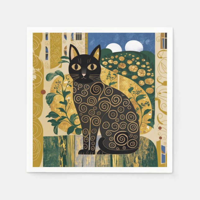 Gustav Klimt Stil Black Cat Art Pappersservett (Framsidan)