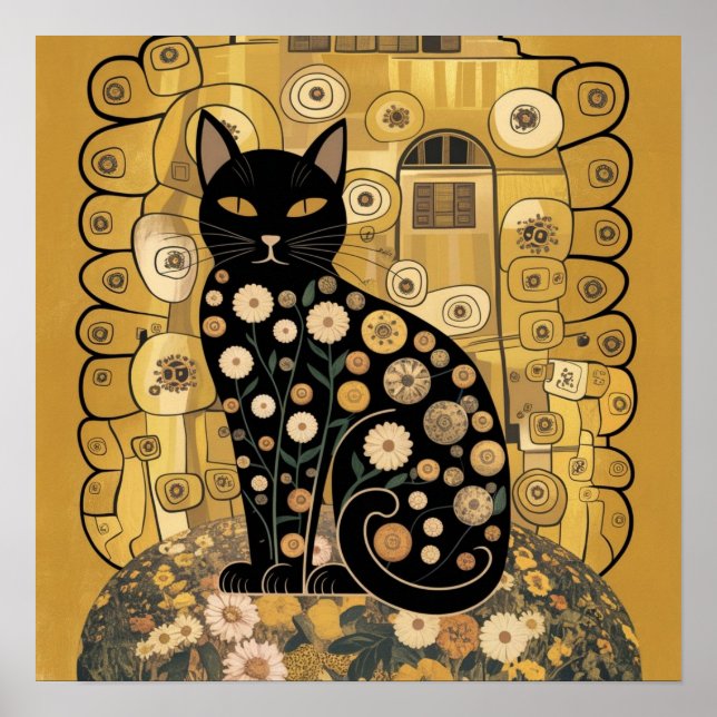 Gustav Klimt Stil Black Cat Art Poster (Framsidan)