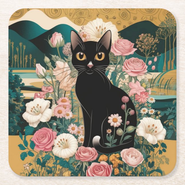 Gustav Klimt Stil Black Cat Art Underlägg Papper Kvadrat (Framsidan)