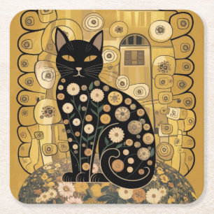 Gustav Klimt Stil Black Cat Art Underlägg Papper Kvadrat