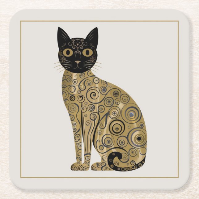 Gustav Klimt Stil Black Cat Art Underlägg Papper Kvadrat (Framsidan)
