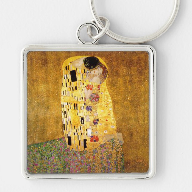 Gustav Klimt the Kiss Classic Painting Fyrkantig Silverfärgad Nyckelring (Framsidan)