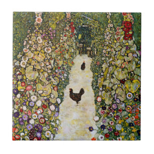 Gustav Klimt - Trädgårdsstig med höns Kakelplatta