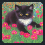 Gustav Klimt Tuxedo Cat Fyrkantigt Klistermärke<br><div class="desc">Stickers med en Gustav Klimt tuxedo-katt! Denna vackra svarta och vita kattunge ligger i fält av röda,  blå,  vita och orange blommor. En fantastisk-gåva till kattälskare och österrikiska konstentusiaster!</div>