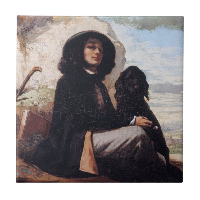 Gustave Courbet - Self-Porträtt med en svart Hund Kakelplatta (Framsidan)