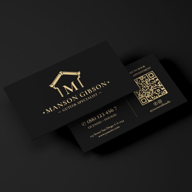 Gutter Entreprenör Logo Svart Modern QR-kod Visitkort (Gutter Contractor Logo Black Modern QR Code Business Card
)