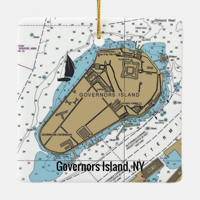 Guvernör Island NY Nautical Chart Julgransprydnad Keramik (Baksida)