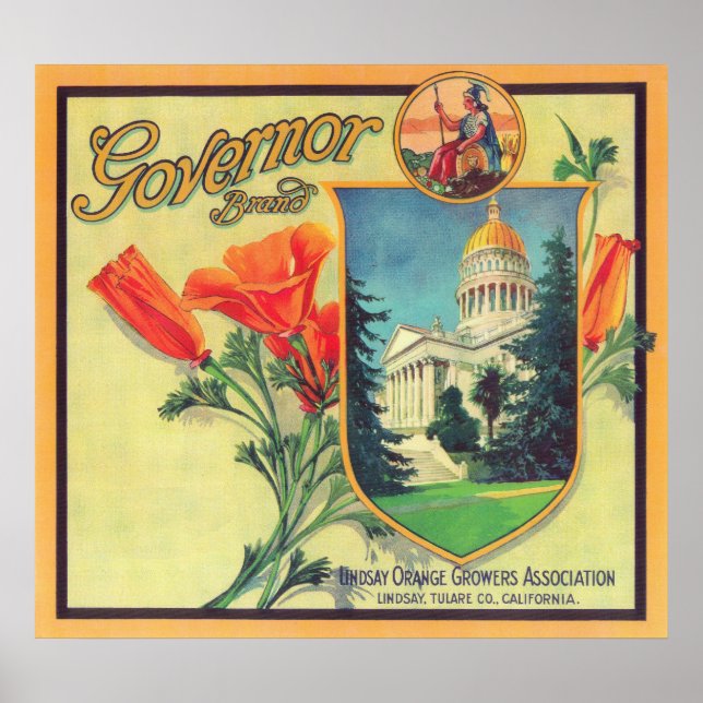 Guvernör Orange LabelLindsay, CA Poster (Framsidan)