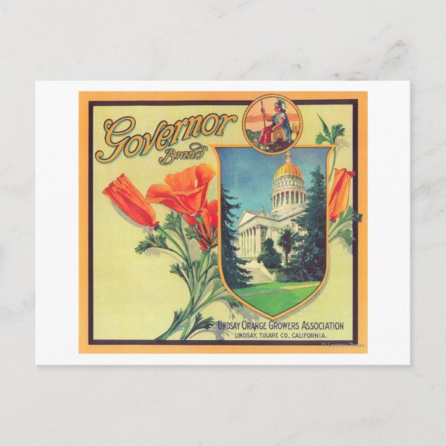 Guvernör Orange LabelLindsay, CA Vykort (Framsida)