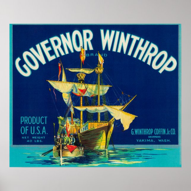 Guvernör Winthrop Apple Label (blå) - Yakima, W Poster (Framsidan)