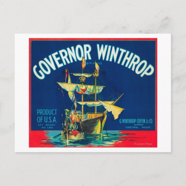 Guvernör Winthrop Apple Label (red) - Yakima, WA Vykort (Framsida)