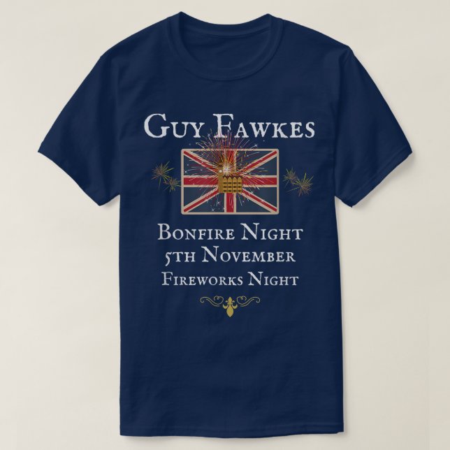 GUY FAWKES BRITISH UNION JACK FLAGGA, FIREWORKENIT T SHIRT (Design framsida)