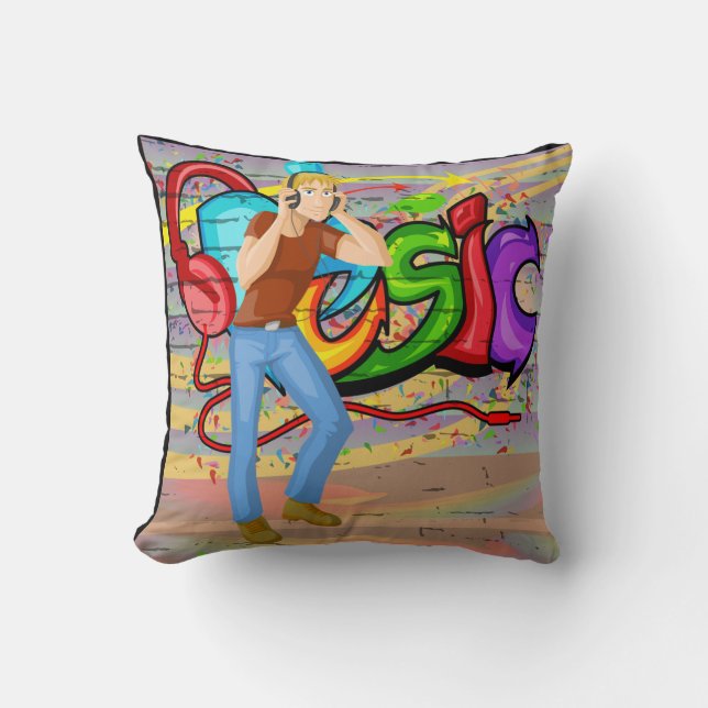 Guy med hörlurar och Music Graffiti Wall Kudde (Framsida)