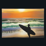Guy on Beach med Surfa Board Sunset Bordstablett<br><div class="desc">Surfer på havets strand vid solnedgång AI-konst.</div>
