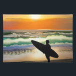 Guy on Beach med Surfa Board Sunset Bordstablett<br><div class="desc">Surfer på havets strand vid solnedgång AI-konst.</div>