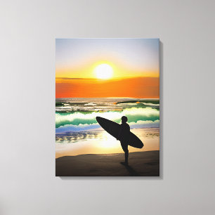 Guy on Beach med Surfa Board Sunset Canvastryck