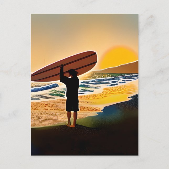 Guy på Beach med Surfa Board på Sunset Vykort (Framsida)