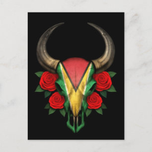 Guyana Flagga Bull Skull med Röd ros Vykort
