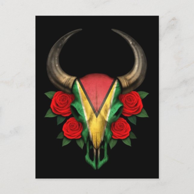 Guyana Flagga Bull Skull med Röd ros Vykort (Framsida)