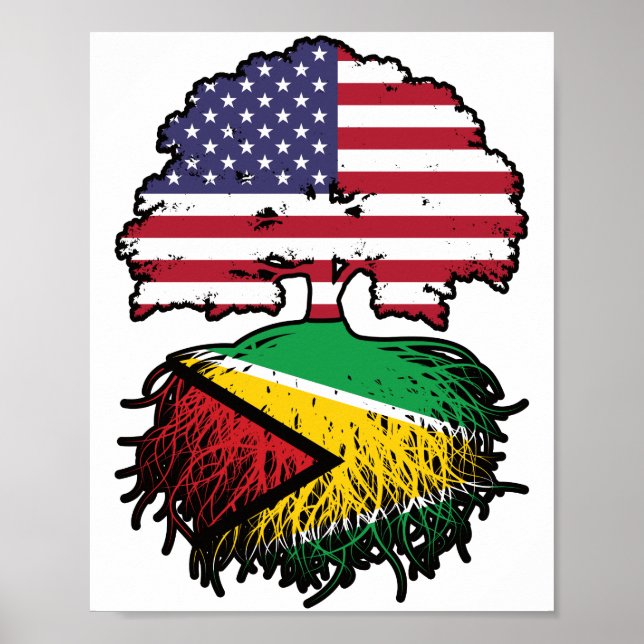 Guyana Guyanese American USA Träd Roots Flagga Poster (Framsidan)