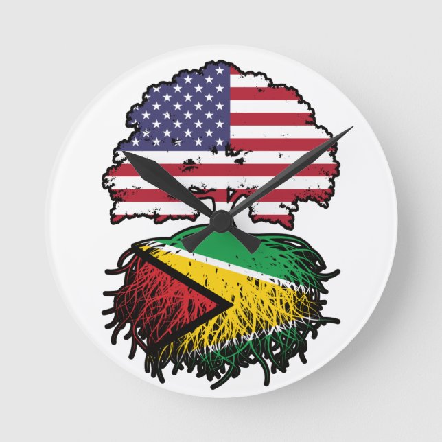 Guyana Guyanese American USA Träd Roots Flagga Rund Klocka (Framsida)