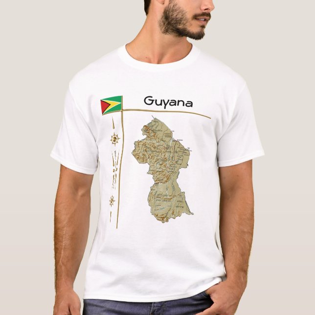 Guyana Karta + Flagga + Rubrik T-Shirt (Framsida)