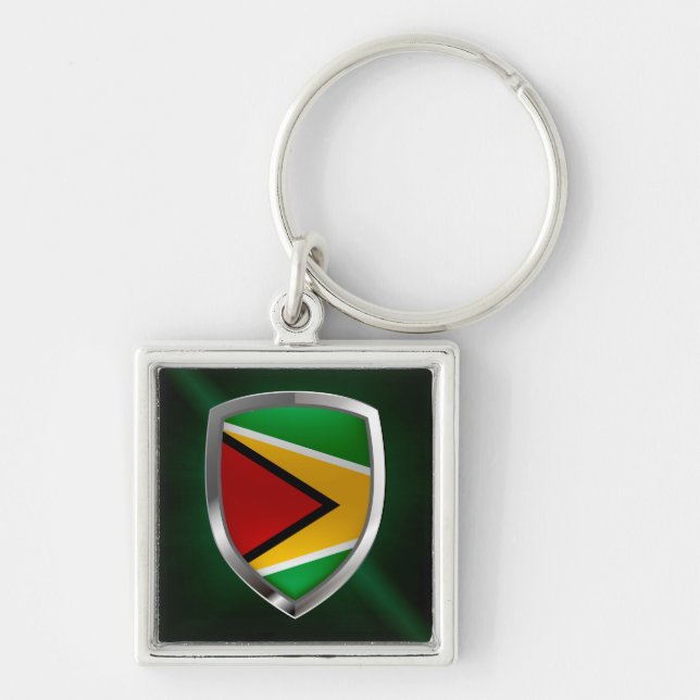 Guyana Mettalic Emblem Fyrkantig Silverfärgad Nyckelring (Framsidan)