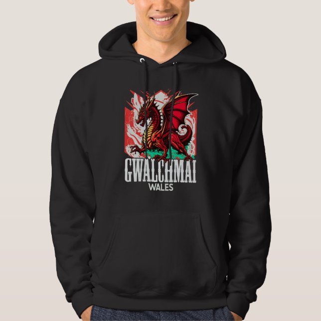 Gwalchmai Wales Welsh Flag Y Ddraig Goch Dragon Hoodie (Framsida)