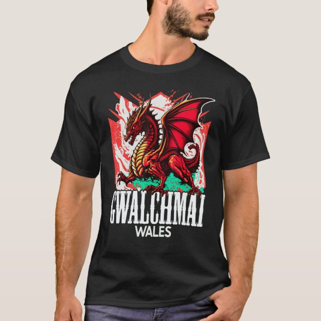 Gwalchmai Wales Welsh Flag Y Ddraig Goch Dragon T Shirt (Framsida)