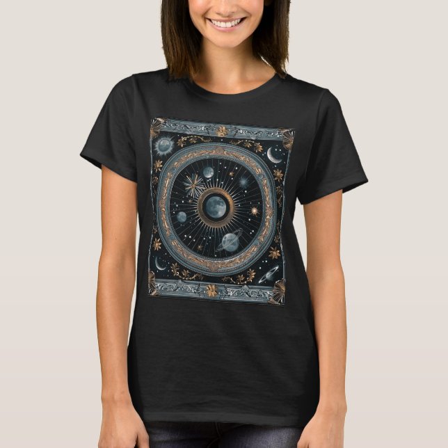 Gylden Celestial Månebana med Detaljerad Astral T Shirt (Framsida)