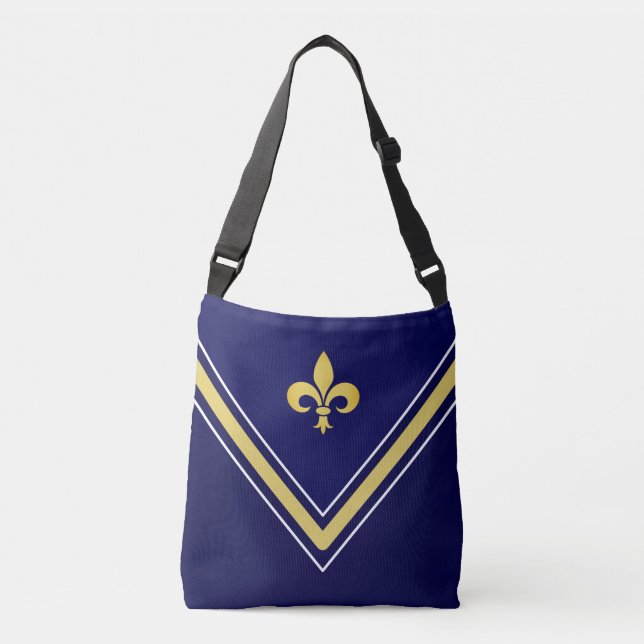 Gylden Fleur de Lis på marinblått och vitt Axelväska (Framsida)