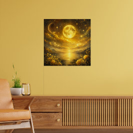 Gylden fullmåne över förtrollad sjö - Fantasy Poster