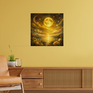 Gylden fullmåne över förtrollad sjö - Fantasy Poster