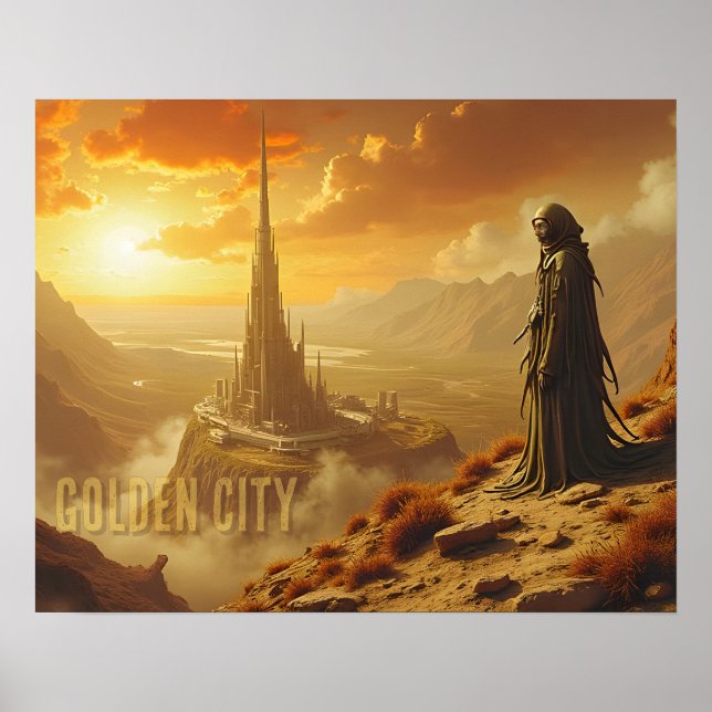 Gylden futuristisk stad Sci Fi Fantasykonst Poster (Framsidan)