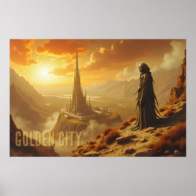 Gylden futuristisk stad Sci Fi Fantasykonst Poster (Framsidan)