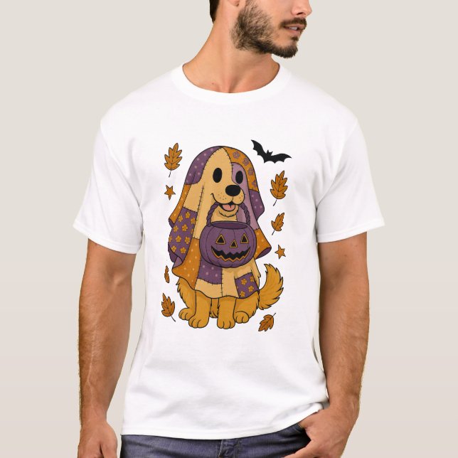 Gylden Hund Spöke Halloween T Shirt (Framsida)