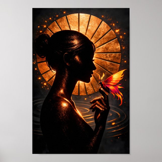 Gylden kvinnlig siluett Fjäril Fantasykonst Poster (Framsidan)