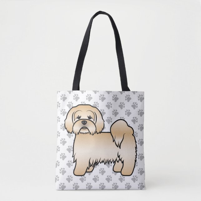 Gylden Lhasa Apso Söt Tecknad Hund & Tassar Tygkasse (Framsida)