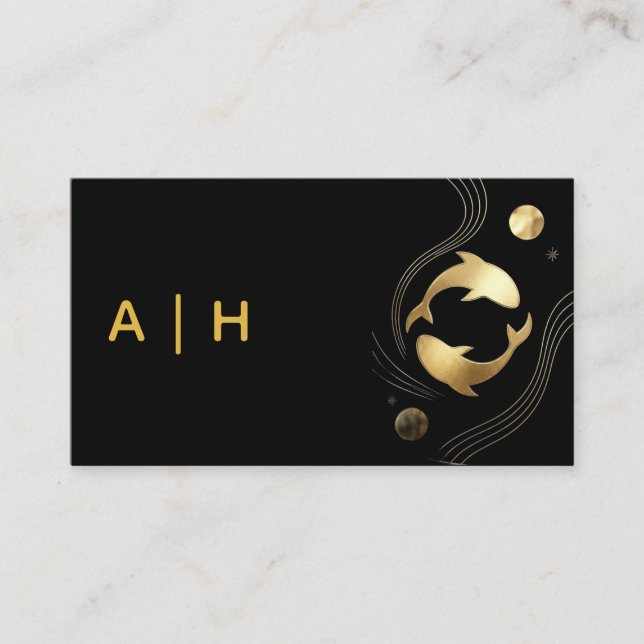 Gylden look - Fiskarna Zodiak -monogram svart Visitkort (Framsida)