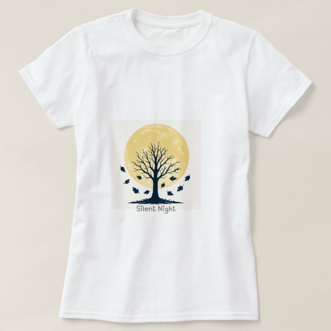 Gylden måne & siluett av kal träd – Minimal höst T Shirt (Design framsida)