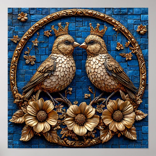 ✨ Gylden mosaik Fåglar Royal krona Symmetri Vägg A Poster (Framsidan)