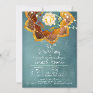 Gylden Om Blomma Mandala Design 50-årsdag Teal Inbjudningar
