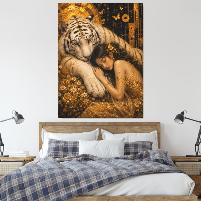 Gylden Vit Tiger Evig Vaktare Fantasykonst Canvastryck (Insitu (sovrum))