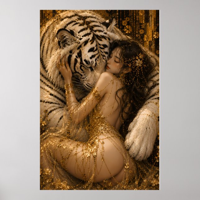Gylden Vit Tiger Frestelse Fantasi Konst Poster (Framsidan)