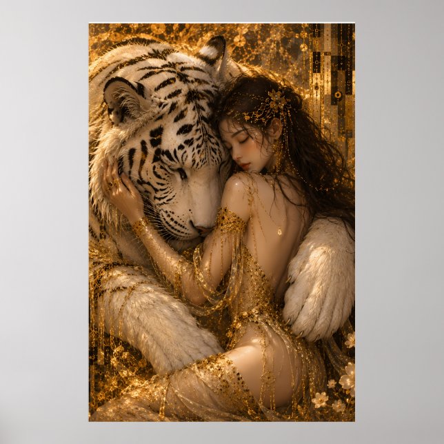 Gylden Vit Tiger Omfamnar Fantasykonst Poster (Framsidan)