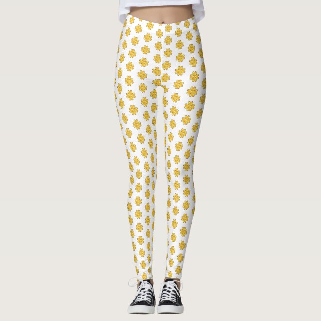 Gyldena fyrklöver på vit leggings (Framsida)