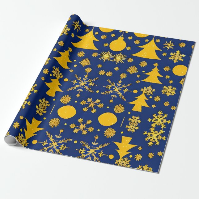 Gyldna snöflingor och träd Festivt mönster Presentpapper (Utrullad)