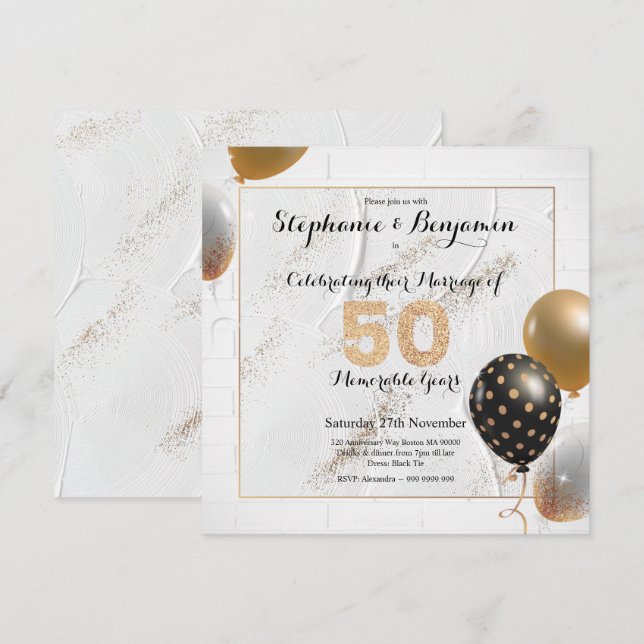 Gyllen 50-års bröllopsjubileum Glitter Elegant Inbjudningar (Fram/baksida)