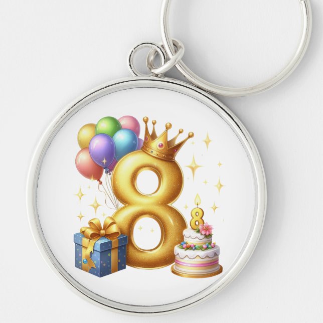 Gyllen 8-årsdag rund silverfärgad nyckelring (Framsidan)